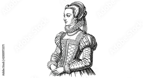 Historical engraving of a noblewoman in ornate Renaissance attire isolated on white background