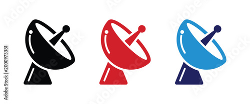 A set of colorful satellite dish icons in black, red, and blue