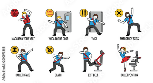 Instructional icons demonstrating safety procedures in a humorous style isolated on white background