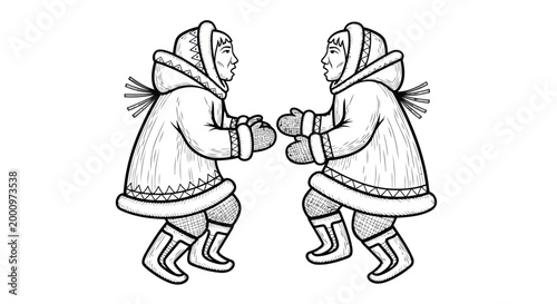Two Inuit people in traditional winter clothing illustration isolated on white background