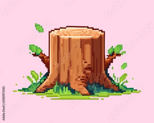 Bild auf Leinwand weathered wooden tree stump illustration designed with pixel art technique suita
