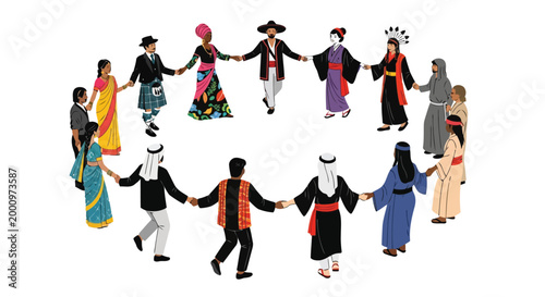 Diverse people in traditional clothing holding hands unity concept illustration isolated on white background