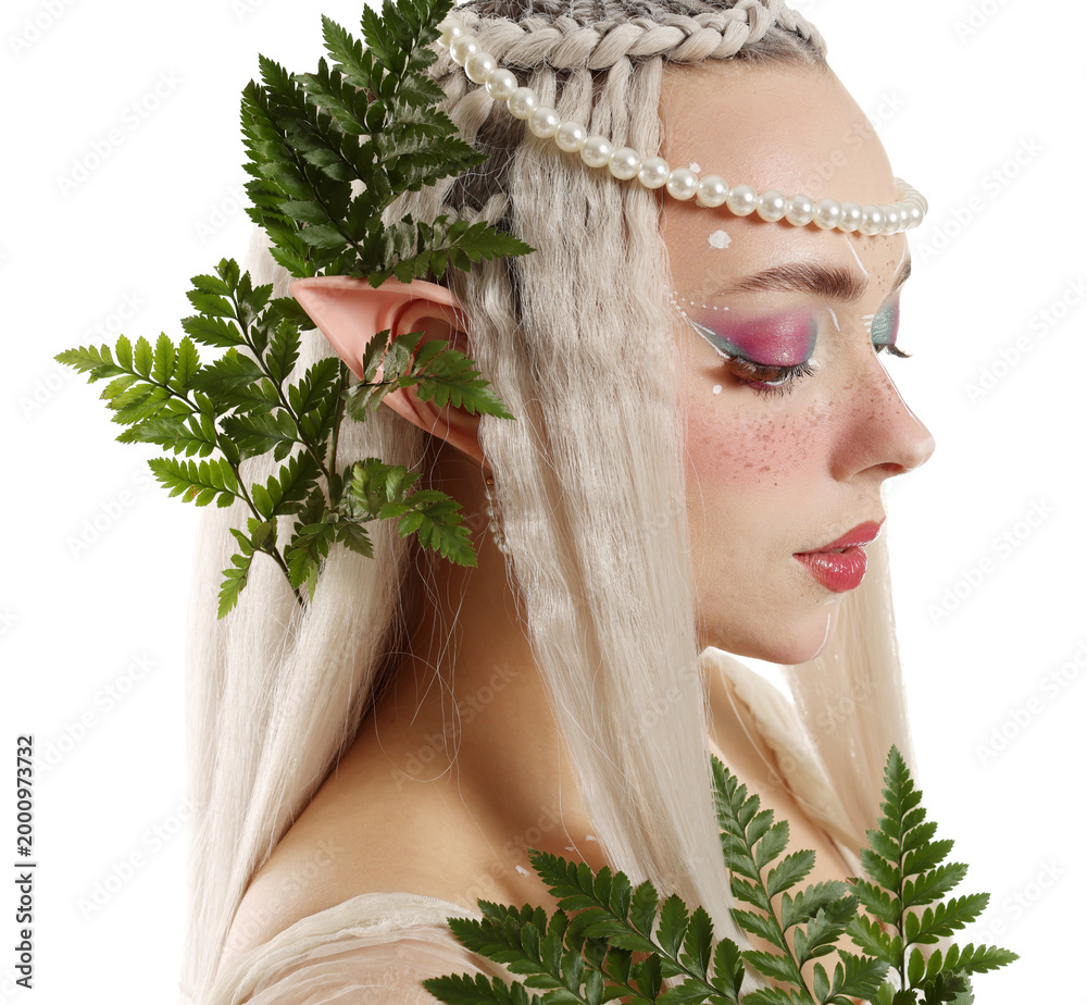 Obraz premium Beautiful elf girl with floral decor on white background