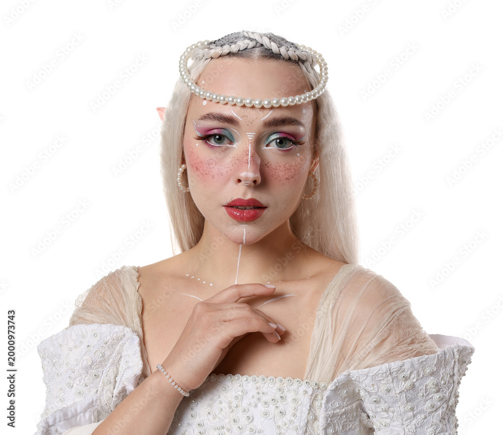Fototapeta premium Beautiful girl dressed as elf on white background