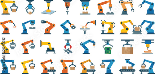 Industrial robotic arm vector icon set featuring automated machines for welding 3D printing circuit board assembly and warehouse conveyor belt logistics in smart factory,
