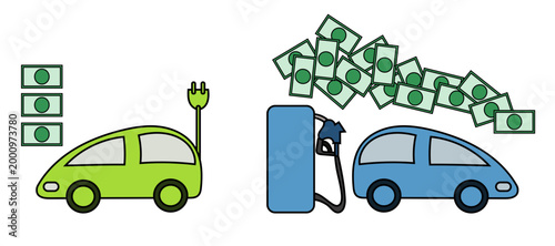 Two cars, green electric with an electric plug, one blue next to a petrol pump. The electric car has three money bills next to it, the gasoline car has a multitude of bills chaotically floating on top