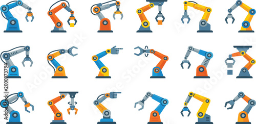Industrial robotic arm vector icon set featuring automated mechanical limbs for smart factory manufacturing assembly line and high tech engineering production technology,