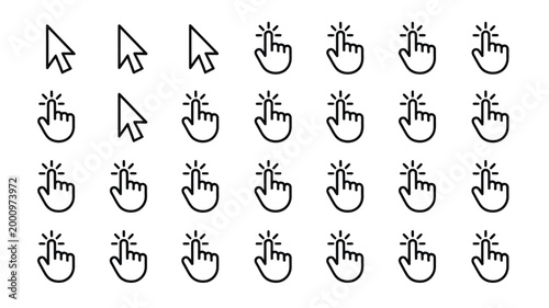 Mouse cursor icons collection, arrow pointer, hand click and interaction symbols in multiple styles for interface, navigation and web design vector set.