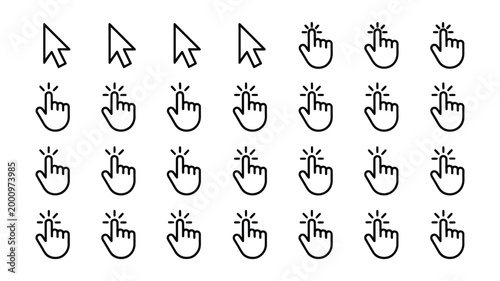 Mouse cursor icons collection, arrow pointer, hand click and interaction symbols in multiple styles for interface, navigation and web design vector set.