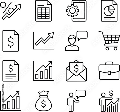 Business and finance vector icons set with graphs, dollar signs, charts, shopping cart, briefcase, and communication symbols