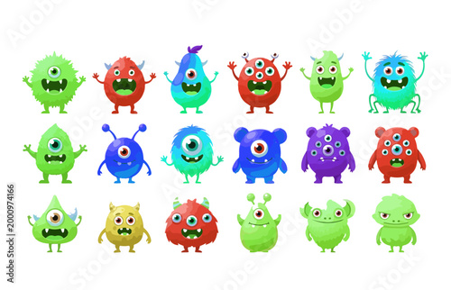 Cute cartoon monster collection with 18 colorful alien characters, friendly little monsters set in vibrant colors, playful creature vector illustrations