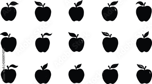 Apple silhouette vector set with multiple leaf variations for food, fruit, nutrition, farming, and healthy lifestyle concepts