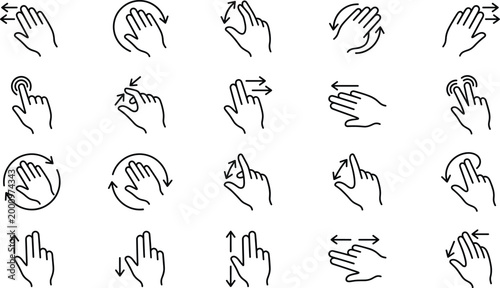 Touchscreen gesture vector icons set with hand movements for swiping, tapping, pinching, rotating, and digital interface navigation
