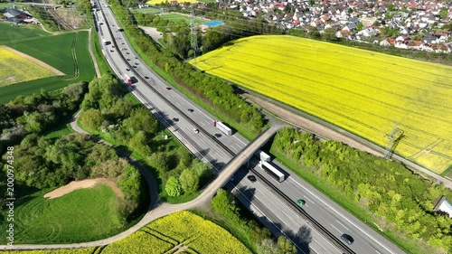 Idstein, Germany - April 23, 2026: Aerial view of dense traffic on German highway A3 between Bad Camberg and Idstein.