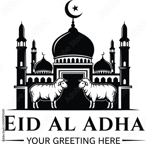 eid al adha greeting card with mosque silhouette and sheep