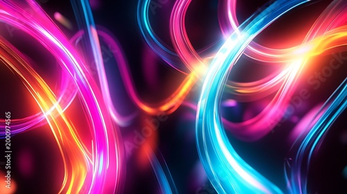 Futuristic Neon Light Trails Abstract Background, Blue Pink Glowing Lines Motion, Cyberpunk Speed Flow, Digital Technology Wave Design