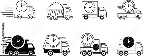 Shipping and delivery vector icons, truck and clock symbols representing express logistics, timing and transport management system design.