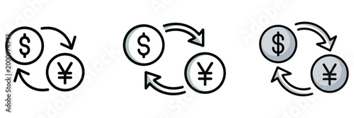High quality vector of currency exchange icon set showing dollar and yen with arrows, .