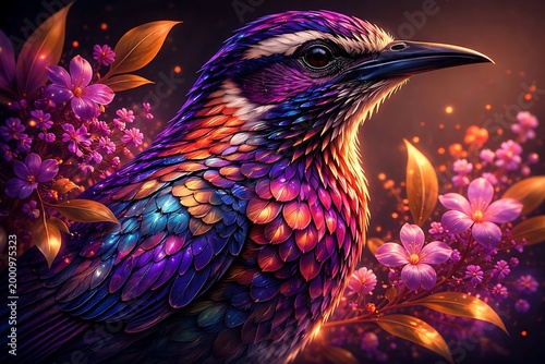 Iridescent hummingbird feeding on glowing pink blossoms