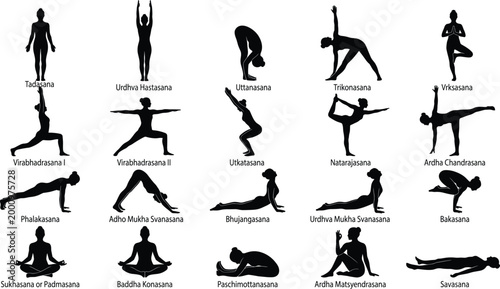 Yoga Poses Silhouette Set with Names Featuring Meditation Stretching Balance and Fitness Exercise Postures Collection