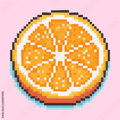 Fresh juicy orange fruit slice pixel art icon for healthy food game themes or fruit collection digital design and art project asset creation