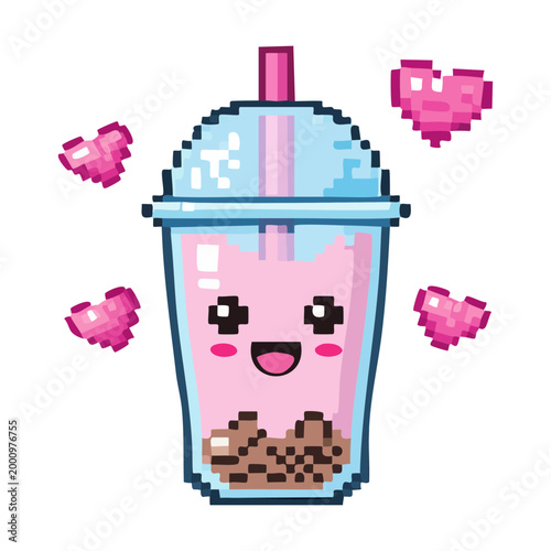 Cute bubble tea drink with pearls pixel art icon with hearts for casual cafe games or digital food design and art project assets
