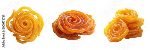 Traditional Indian jalebi sweets in different shapes and sizes on transparent background