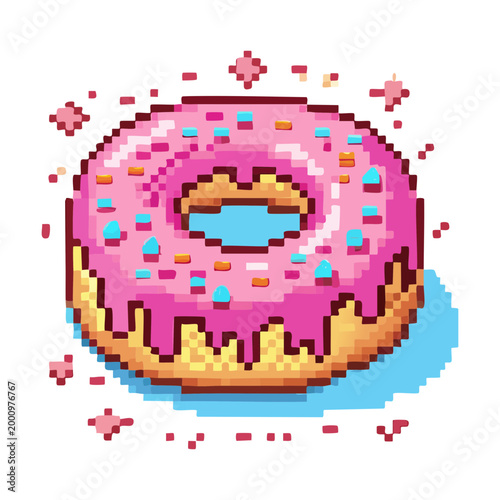 Delicious pink frosted donut with sprinkles pixel art icon for bakery game themes or sweet food digital design and art project asset creation