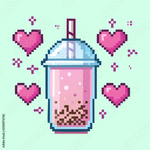 Adorable bubble tea drink pixel art icon with boba and hearts for cafe simulator games or food digital design and art project assets