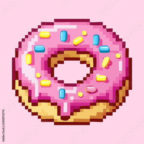 Tasty pink glazed donut with colorful sprinkles pixel art icon for dessert shop games or sweet food digital design and art project assets