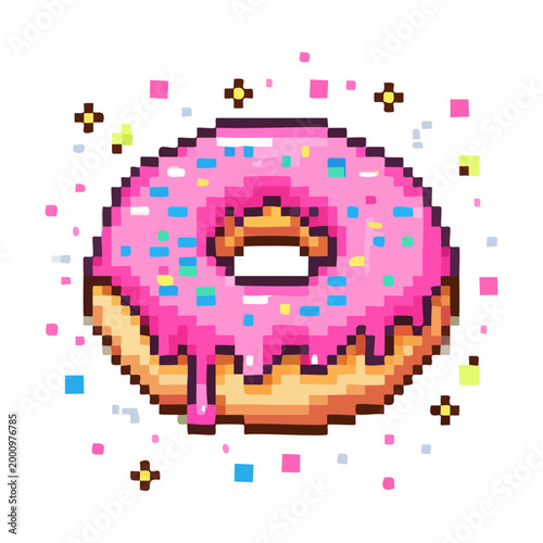 Sweet glazed donut with sprinkle detail pixel art icon for dessert game items or sweet food digital design and art project asset creation