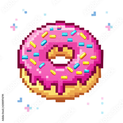 Pink frosted donut with bright sprinkles in pixel art style for bakery simulation games or food digital design and art project asset collections