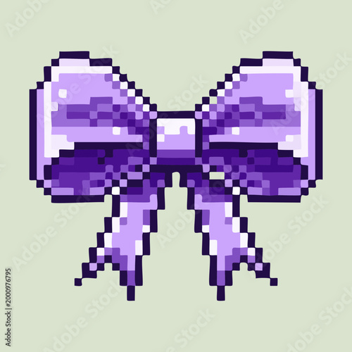 Elegant purple decorative bow pixel art icon for gift wrapping games or fashion digital design and art project asset creation and decoration sets