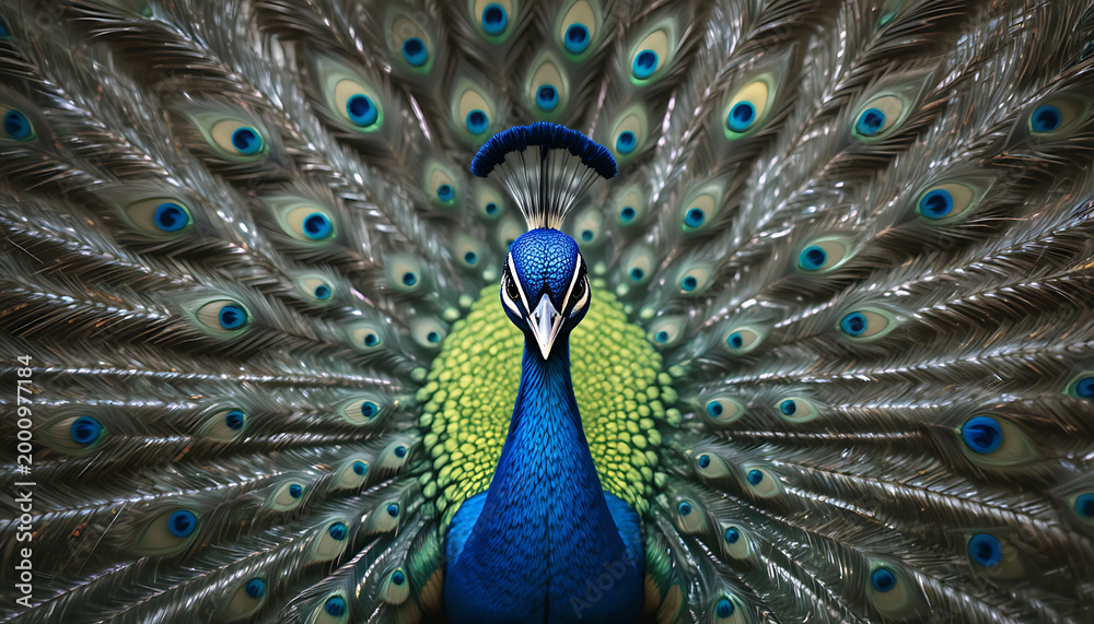 Fototapeta premium Majestic Peacock Displaying Vibrant Tail Feathers
