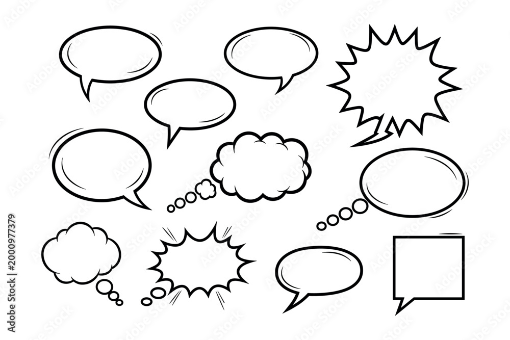 Fototapeta premium Collection of comic speech bubbles, talk and thought clouds in doodle style on white background.