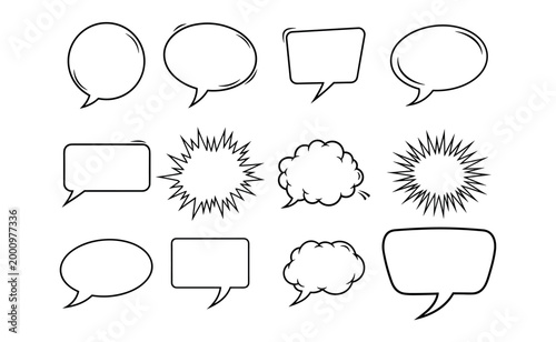 Collection of blank comic speech bubbles and thought clouds in various shapes and sizes.