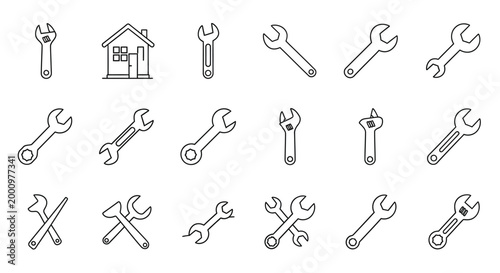 set of wrench icons in black line art style