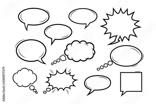Collection of comic speech bubbles, talk and thought clouds in doodle style on white background.