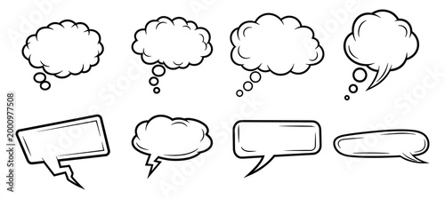 Comic speech bubbles set, cartoon thought and talk clouds collection isolated on white background.