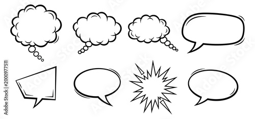 Eight comic speech bubbles and explosion symbols vector illustration.