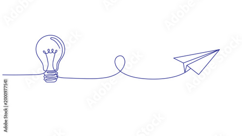 Minimalist continuous blue line drawing of a lightbulb and paper airplane