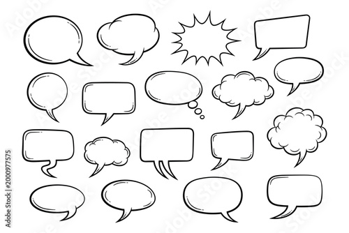 Large collection of hand drawn comic speech bubbles, diverse talk and thought clouds design elements.