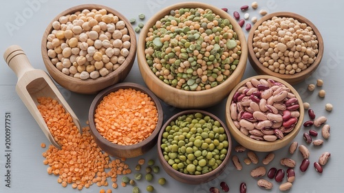 Variety of legumes and beans in wooden bowls on gray background