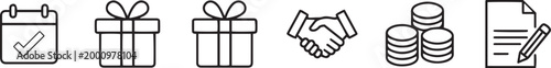 Business and celebration icons calendar gifts handshake and documents