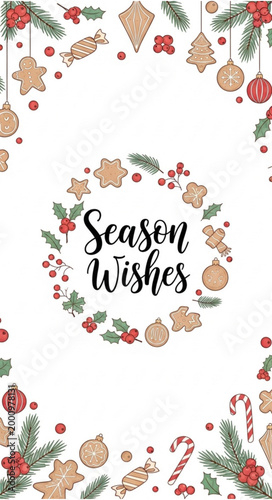 :
Minimal Christmas Greeting Vector with Season Wishes Lettering and Scattered Festive Elements Cookies Candies Pine