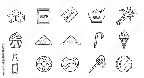 sugar related icons set in black and white line art