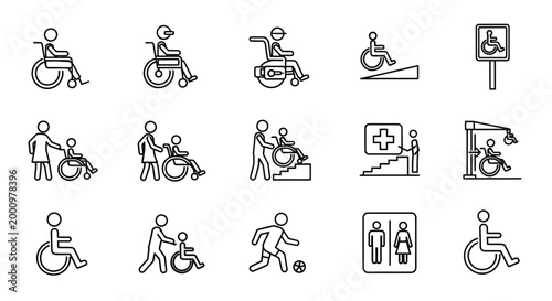 wheelchair accessibility icons set in black line art