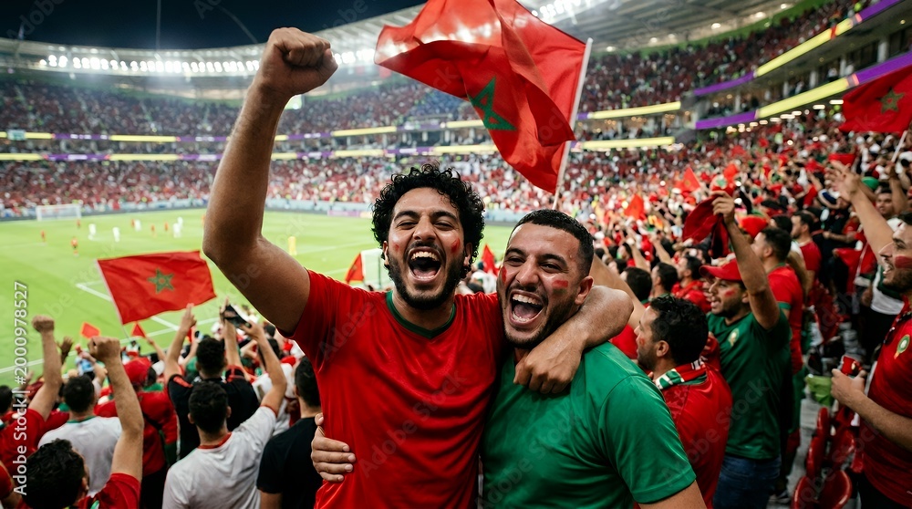 Fototapeta premium Moroccan fans cheering with flags at stadium