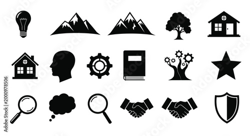 set of flat icons depicting various symbols and objects