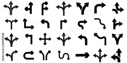 Direction arrow icon with multiple paths. Choice and decision making symbol. Strategy, planning and alternative route concept. Navigation, growth and progress pictogram for business scenarios. Vector